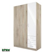 Трикрилен гардероб с три чекмеджета Сити 1028, сонома арвен/ бял гланц