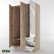 Трикрилен гардероб с три чекмеджета Сити 1028, сонома арвен/ бял гланц